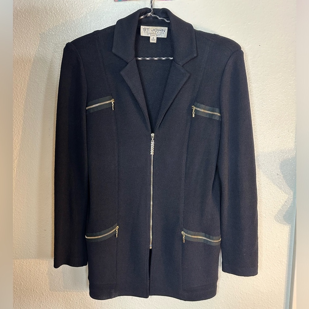 St. John by Marie Gray Black Jacket Blazer Zip Front Knit Women’s Size 4
